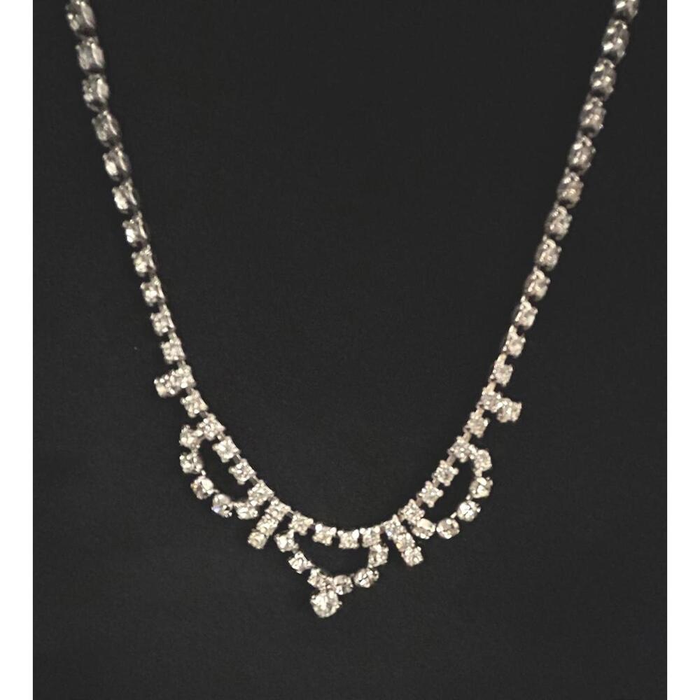 Rhinestone Collar Necklace Silver Tone 14” Costume